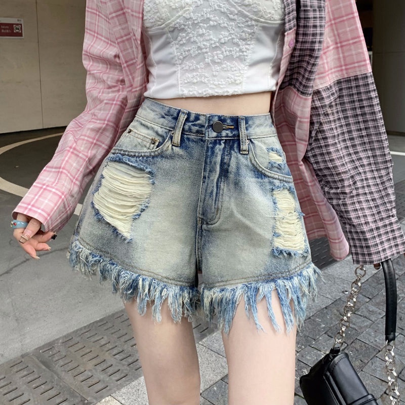 COZOK Quần Short Denim Lưng Cao Thời Trang Vintage Cá Tính