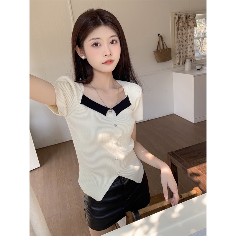 Xiaozhainv Áo sweater Tay Ngắn Cổ Vuông Thiết Kế Đơn Giản Thời Trang Theo Phong Cách Hàn Quốc Cho Nữ | BigBuy360 - bigbuy360.vn