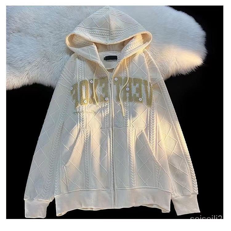 Áo Khoác Cardigan Có Mũ Dáng Rộng Thêu Chữ Phong Cách Retro Mỹ Cao Cấp Cho Nữ