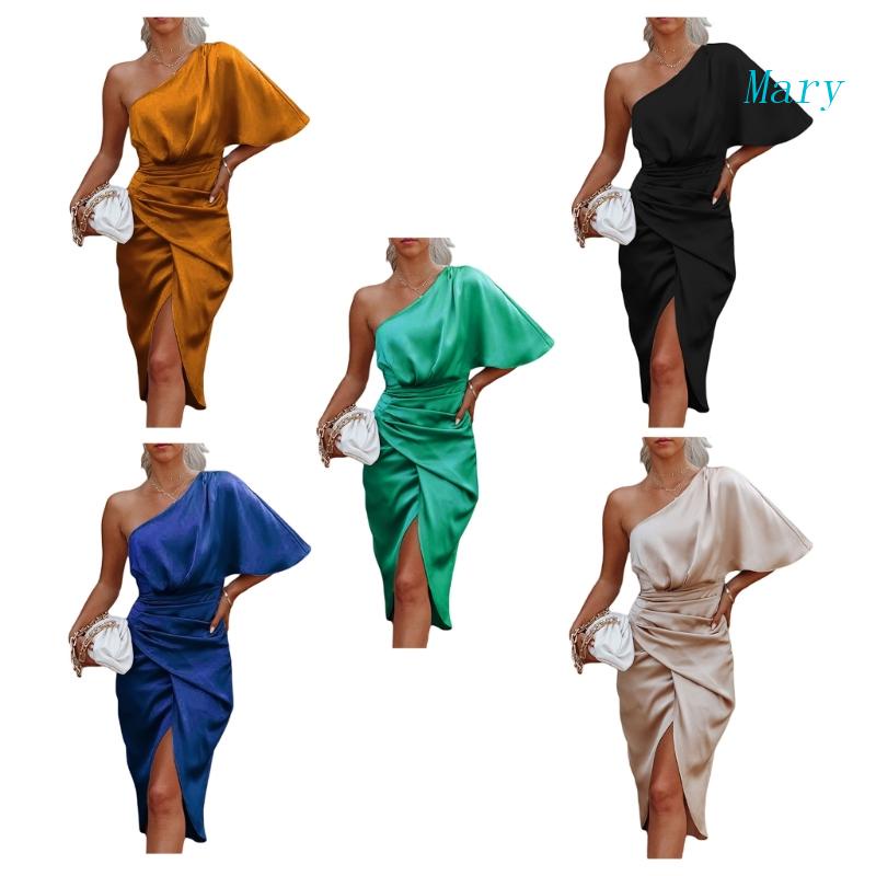 Đầm Midi Mỏng Cánh Dơi Lệch Vai Eo Cao Ôm Dáng Gợi Cảm Cho Nữ