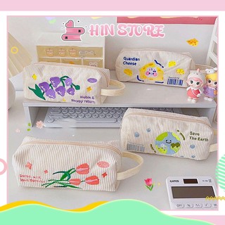 Túi đựng bút vải hin đựng mỹ phẩm, bóp viết, hộp bút vải nhung thêu hoa cỡ lớn cute có khóa kéo đẹp dễ thương hb11