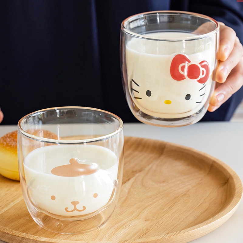 Cốc Uống Nước Hai Lớp Bằng Thủy Tinh Cao Hình Hello Kitty Dễ Thương Sáng Tạo Cho Bé Gái