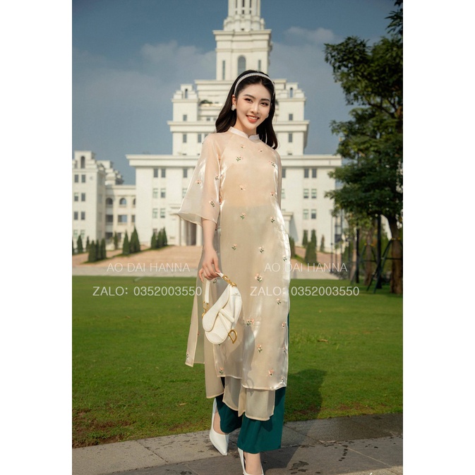 Áo dài cách tân dáng suông Hanna thêu hoa cao cấp mẫu mới nhất 2023, tay loe cánh tiên mặc đám cưới hỏi lễ tết sự kiện