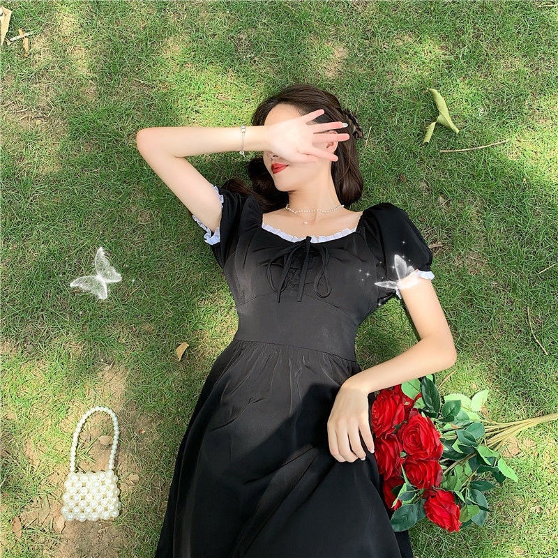 Happy-store ❤️ Pháp siêu khí chất cổ tích váy dài vừa phải mùa hè của phụ nữ tay phồng eo eo cao thiết kế màu trơn