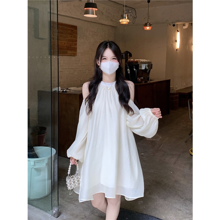 Đầm Chữ A Cổ Yếm Trễ Vai Màu Trắng Thời Trang Xuân Hè Cho Nữ