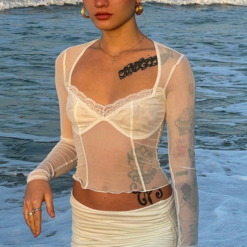 Áo Thun Nữ Tay Dài Phối Ren Thời Trang Quyến Rũ