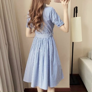 Đầm sọc xanh nơ eo (kèm hình thật)
