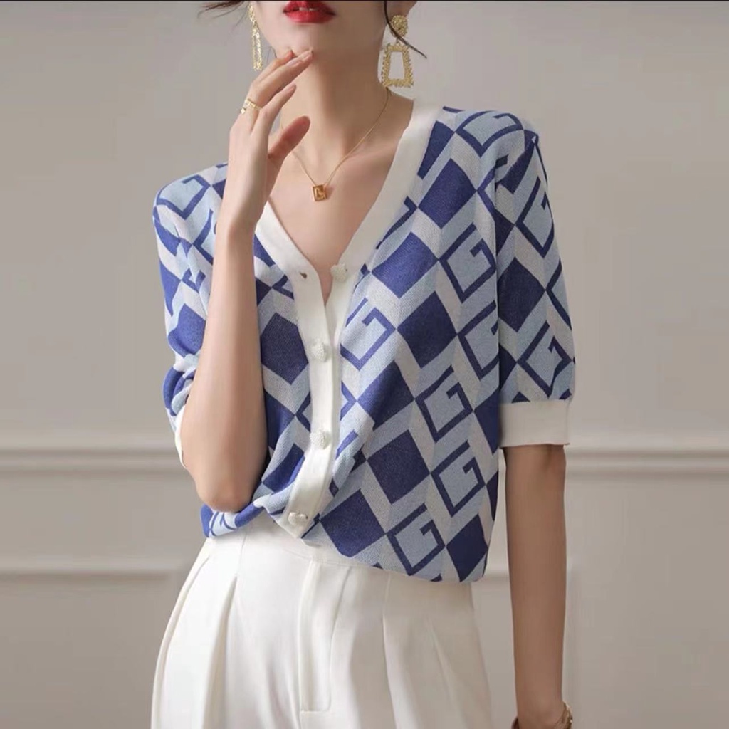 Áo Khoác Cardigan Dệt Kim Mỏng Dáng Rộng Tay Ngắn Cổ Chữ v Họa Tiết Kẻ Sọc Màu Xanh Dương Phong Cách Phương Tây Thời Trang
