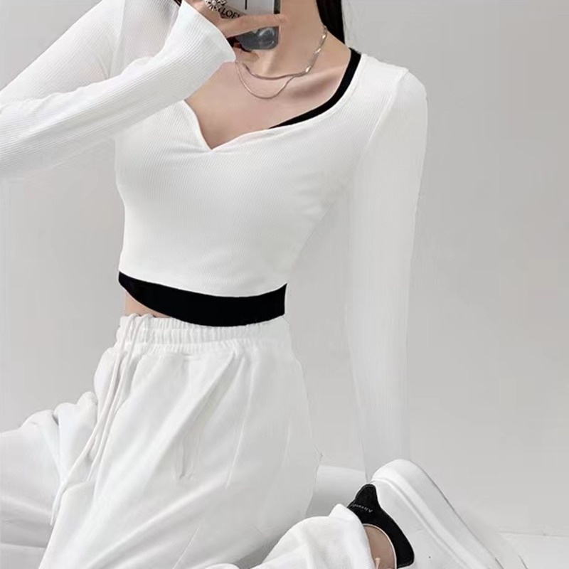 Áo Thun Tay Dài Giả Hai Lớp Màu Sắc Tương Phản Phong Cách Hàn Quốc