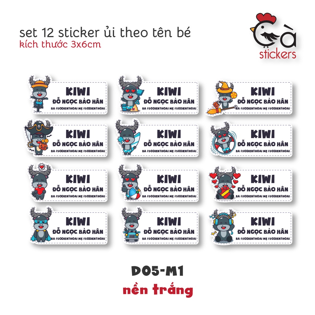 Sticker ủi áo in tên trẻ em GaStickers UT-D05- bộ 12 miếng kích thước 3 x 6 cm