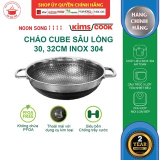 Chảo chống dính sâu lòng inox 304 Blackcube  KIMSCOOK 2 quai Noon Song 30cm nắp kính 3 lớp đúc liền đáy từ