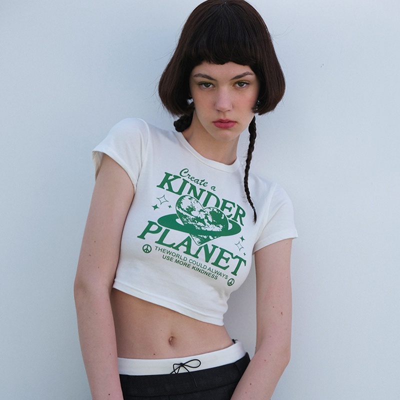 Áo Thun Croptop Tay Ngắn Cổ Tròn Dáng Ôm Vải Cotton In Họa Tiết Thời Trang Cho Nữ