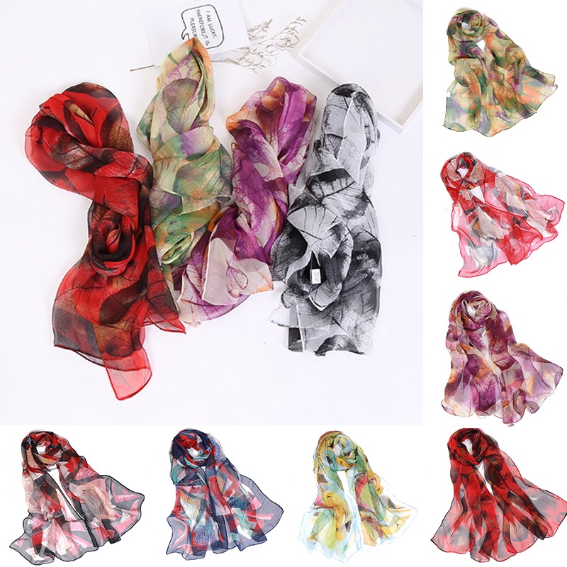 Khăn Choàng Lụa Chiffon Mỏng In Họa Tiết Lá Cây Chống Nắng 160 * 50cm Phong Cách Hồi Giáo