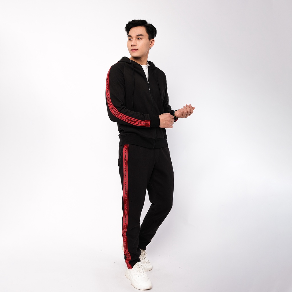 Áo hoodie thể thao nam mũ 2 lớp Umebay, vải đen phối sọc đỏ, cotton co giãn USS62A