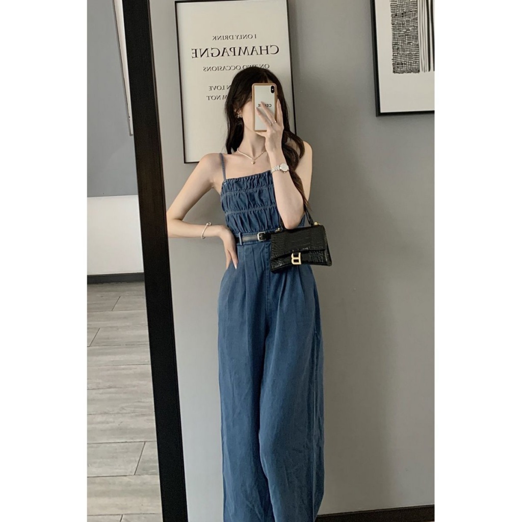 Jumpsuit Denim Ống Rộng Lưng Cao Thiết Kế Mới Thời Trang Dành Cho Mùa Hè