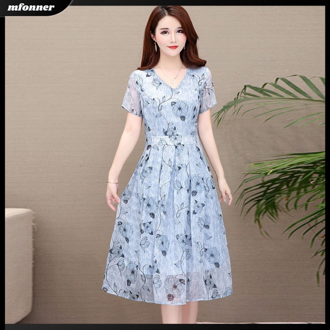 Đầm Dài Tay Ngắn Cổ Chữ V Họa Tiết Hoa Thanh Lịch Cho Nữ