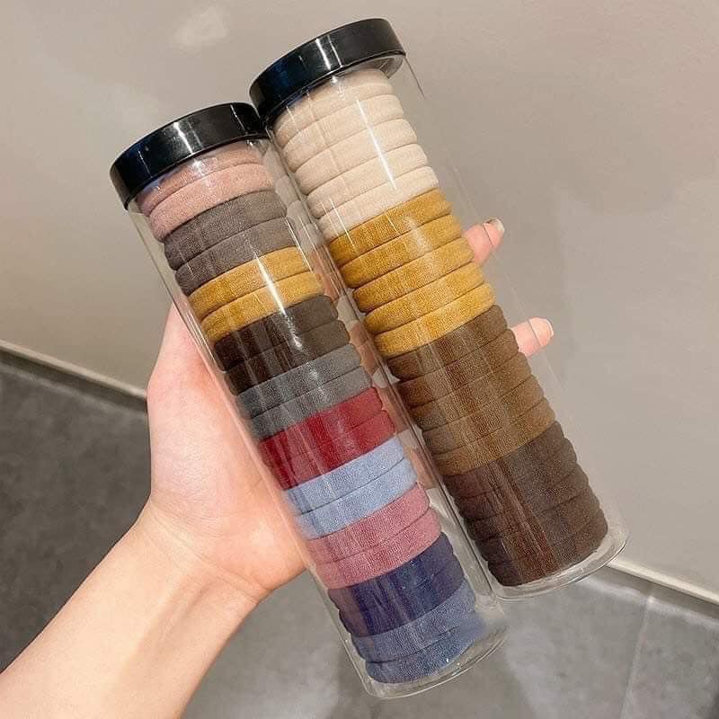 Sét 20 chun buộc tóc nhiều màu sắc dây buộc tóc ống trơn kèm ống đựng trong suốt