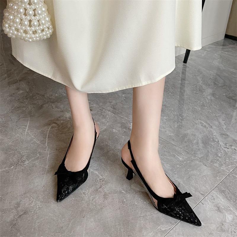 Giày Cao Gót Mũi Nhọn Phối Ren Đính Nơ Thời Trang 2023 Cho Nữ