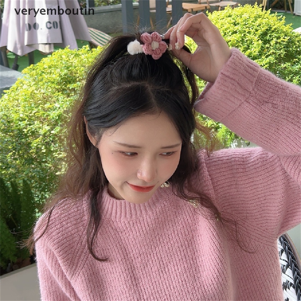 Dây Buộc Tóc Cao Su Bọc Vải Lông Họa Tiết Hoa / Tai Thỏ Dễ Thương Cho Nữ