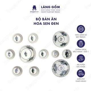 Bộ bát đĩa, set bàn ăn 11 món sứ trắng họa tiết hoa sen men lam cổ  - Gốm sứ Bát Tràng cao cấp - LÀNG GỐM