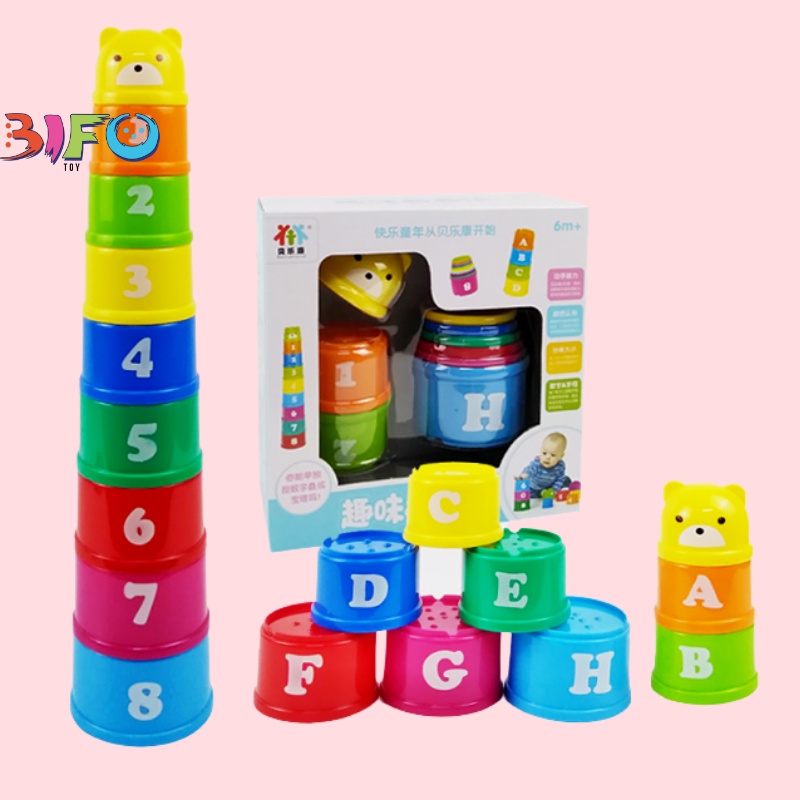 Đồ chơi tháp cốc nhựa xếp chồng 9 tầng đồ chơi giáo dục sớm giúp bé nhận diện màu sắc, to nhỏ, chữ và số hình gấu