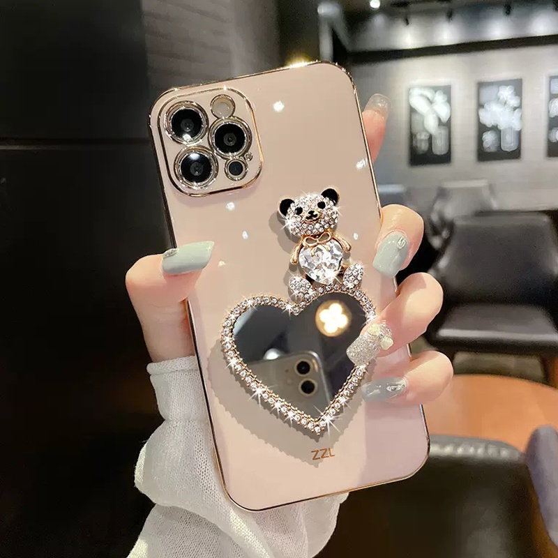 Ốp Điện Thoại Dẻo Viền Vuông Tráng Gương Hình Gấu Cho Xiaomi Redmi K50 7 8 8A 9 9A 9C 9T 10 10C 10A A1 12 12C 13C Ultra