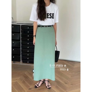 Chân váy vải gn dáng a dài basic kèm đai da