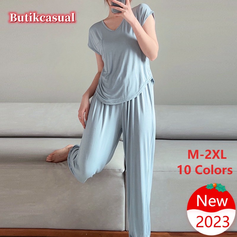 Bộ Đồ Ngủ Xuân Hè 2023 Gồm Áo Thun Cotton Mỏng Tay Cộc Cổ Chữ V Có Túi + Quần Dài Dáng Rộng Cho Nữ