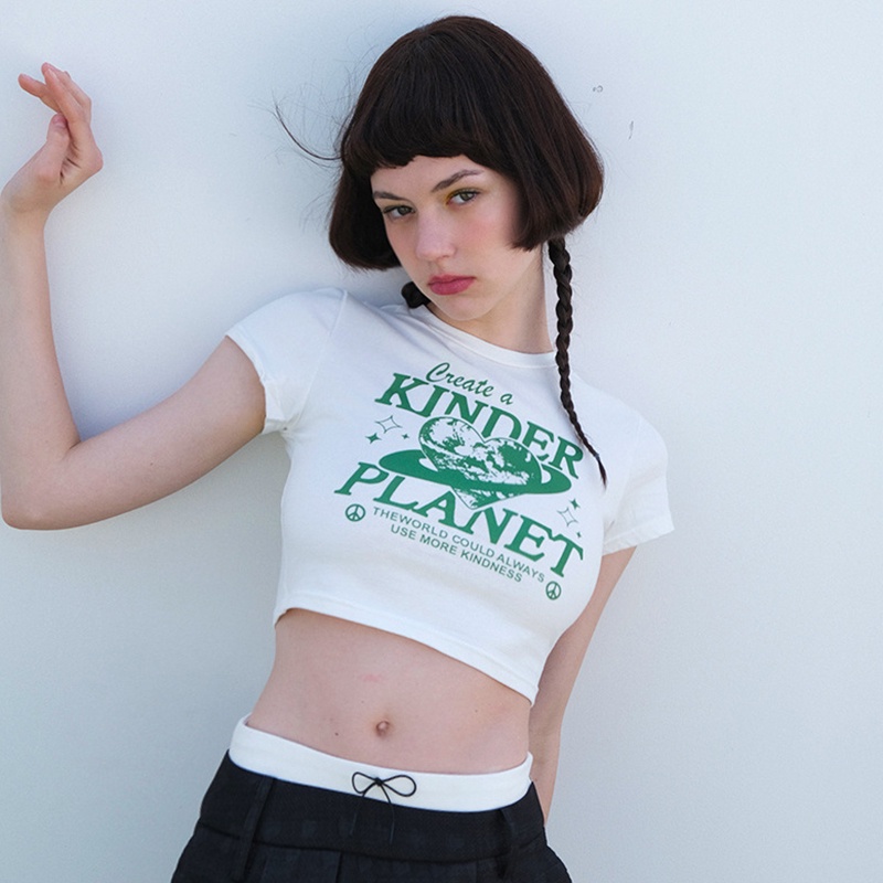 Áo Thun Croptop Tay Ngắn Cổ Tròn Dáng Ôm Vải Cotton In Họa Tiết Thời Trang Cho Nữ