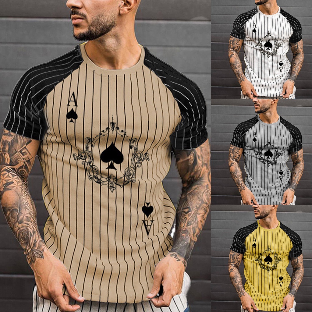 Áo Thun Tay Ngắn Cổ Tròn In Hình Lá Bài Poker Kẻ Sọc Màu Sắc Thời Trang Mùa Hè Cho Nam