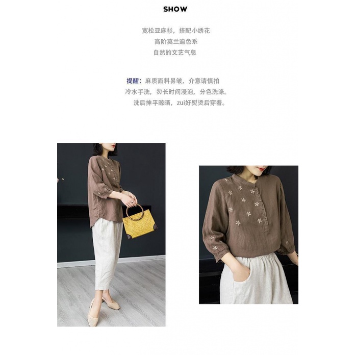 Áo Sơ Mi cotton Lanh Chui Đầu Dáng Rộng Tay Lửng Thêu Hoa Màu Trơn Thời Trang Xuân Hè Mới Dành Cho Bạn Nữ m-3xl 2023