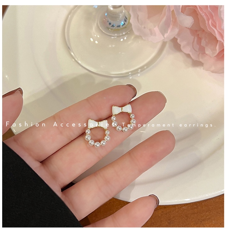 Bông Tai Hình Nơ Đính Ngọc Trai Mini Dễ Thương Thời Trang Cho Nữ