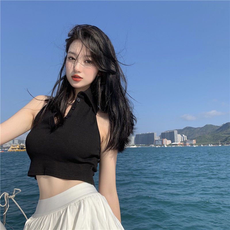 Áo Hai Dây Cổ Polo Màu Trơn Thời Trang Mùa Hè Cho Nữ