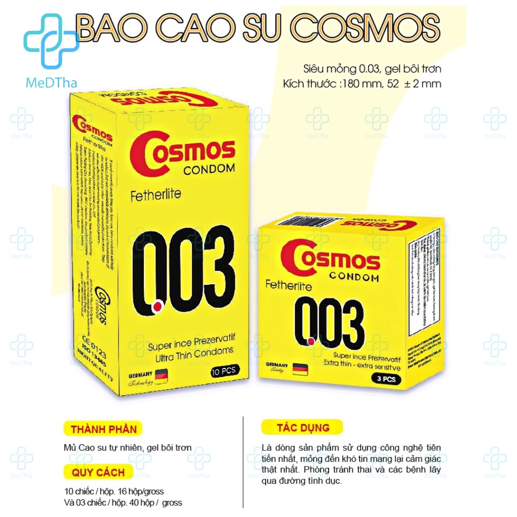 Bao cao su Cosmos Fertherlite 003 siêu mỏng 3 in 1 Germany (Hộp 10 cái)