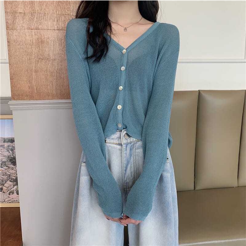 áo kiểu khoác cardigan dệt kim tay dài sơ mi croptop len cổ chữ v chất liệu lụa chống nắng thời trang cho nữ