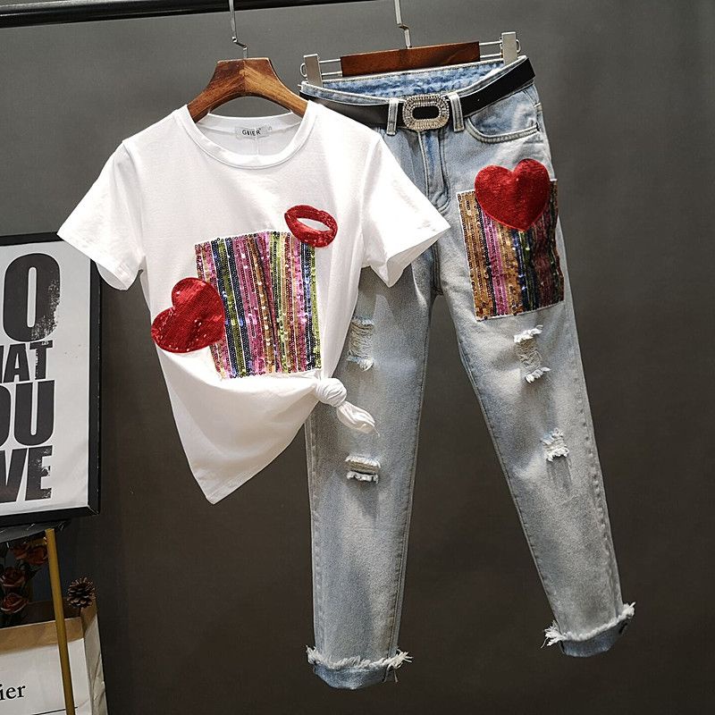 Set Áo Thun Ngắn Tay Đính Kim Sa Lấp Lánh + Quần Denim Rách Lưng Cao Thời Trang Mùa Hè 2023 Cho Nữ