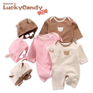 Áo liền quần LUCKYCANDY tay dài có mũ trùm đầu thời trang dành cho trẻ sơ sinh 0-18 tháng tuổi