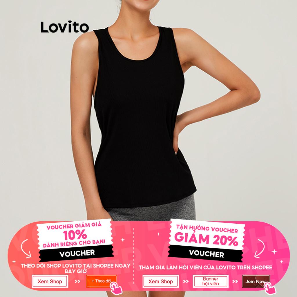 Áo thể thao Lovito trơn cắt lỗ bắt chéo cổ chữ U L03073 (màu đen)