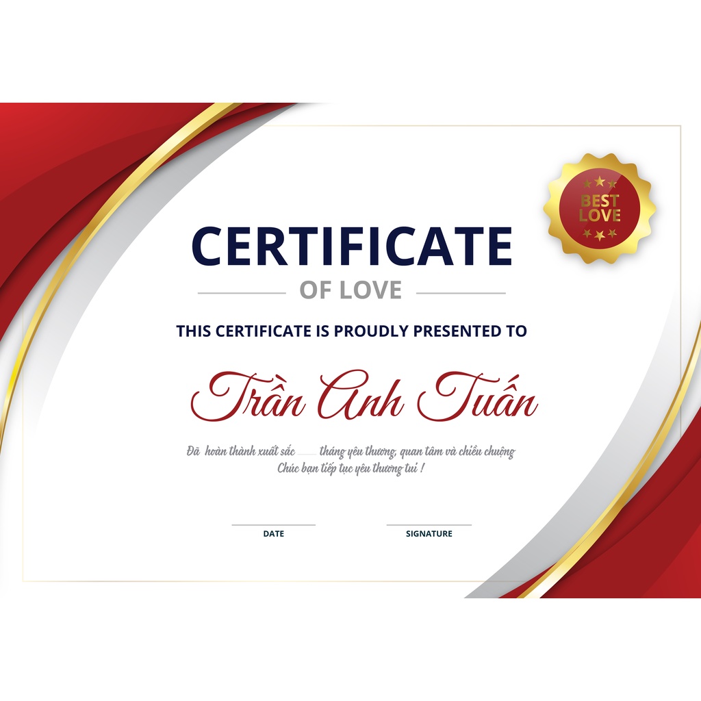 Chứng Chỉ Tình Yêu In Theo Yêu Cầu, Love Certificate Dành cho Bạn Trai, Bạn Gái