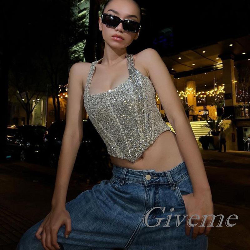 Áo Lửng Hai Dây Cổ Yếm Hở Lưng Đính Sequin Lấp Lánh Thời Trang Mùa Hè Dành Cho Nữ