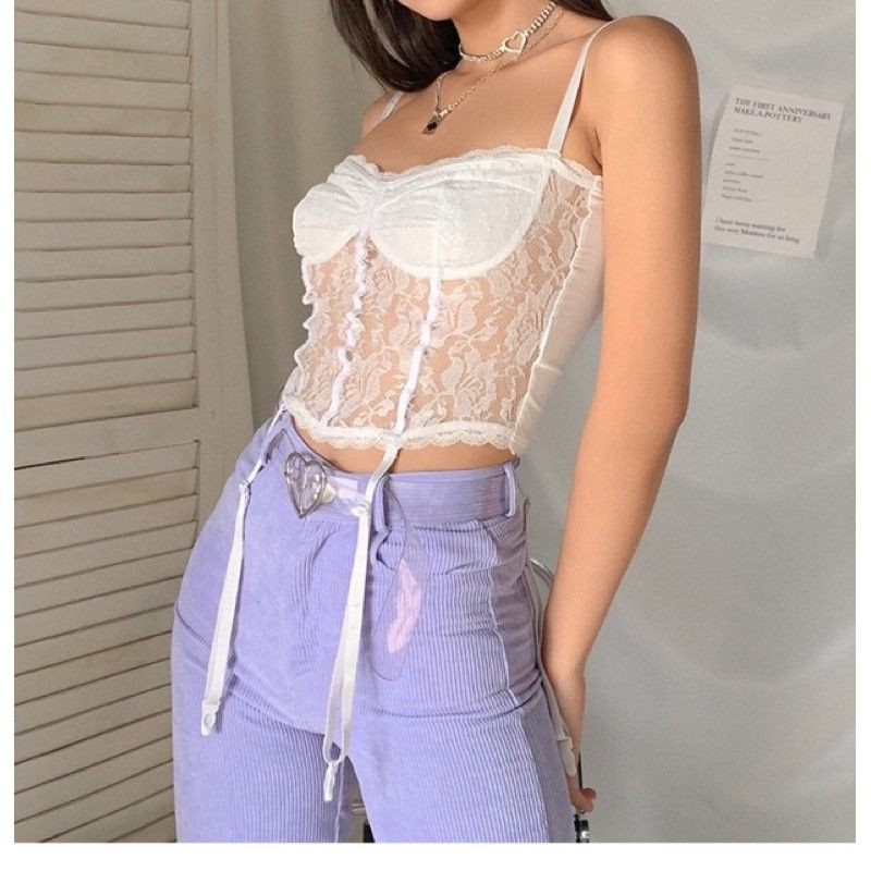 Áo hai dây croptop ren White Lace Top quyến rũ - Có ảnh thật