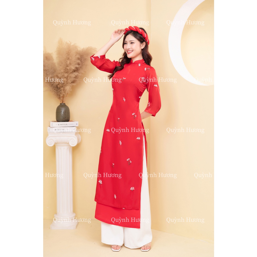 Áo dài voan tơ thêu hoa màu đỏ tay lỡ siêu xinh by Quỳnh Hương