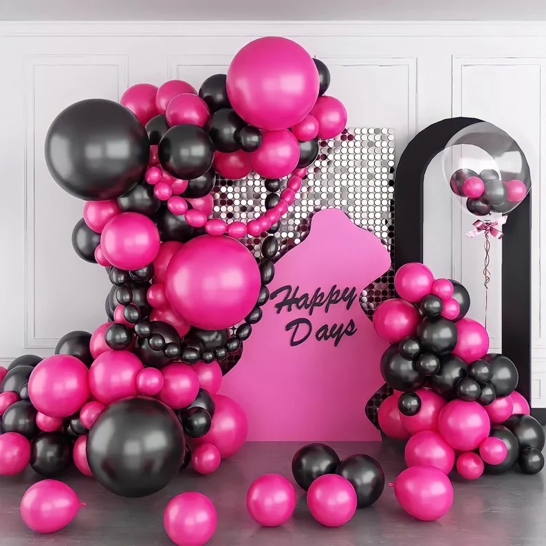 Set 97 Bong Bóng Latex Màu Đen / Hồng Dùng Để Trang Trí Tiệc Sinh Nhật / Đám Cưới