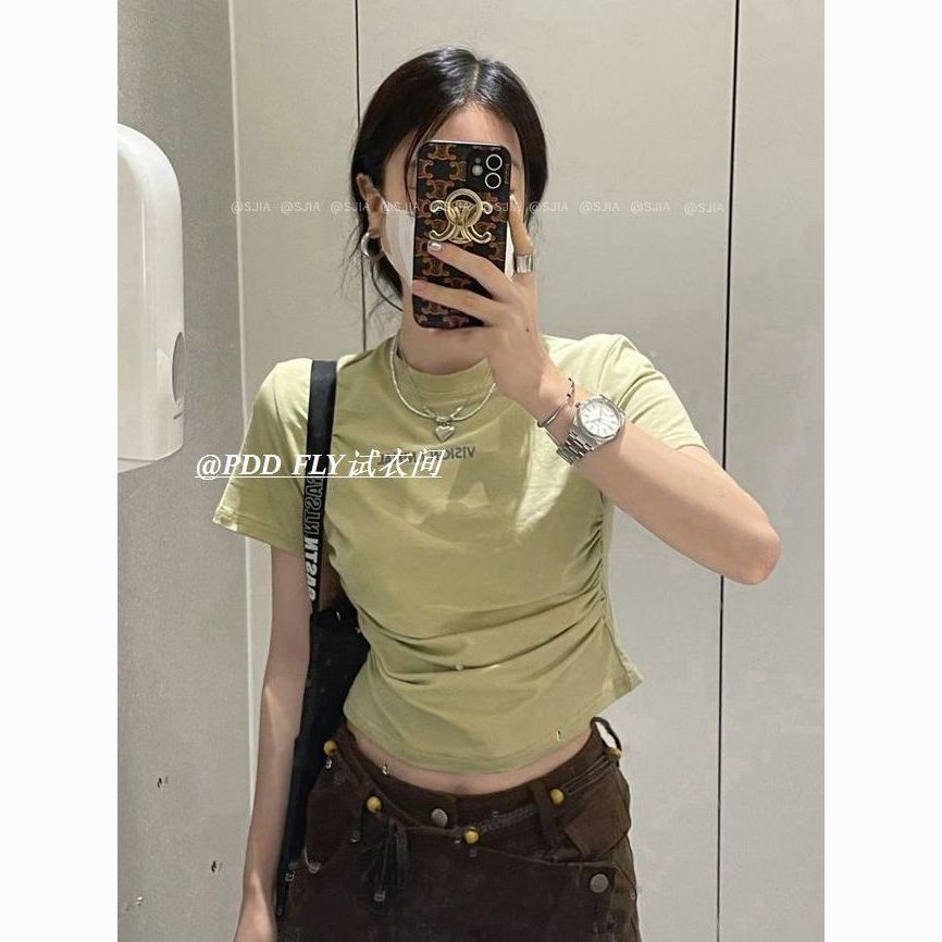 COZOK Áo Thun Tay Ngắn Dáng Ôm Xếp Ly Thời Trang vintage