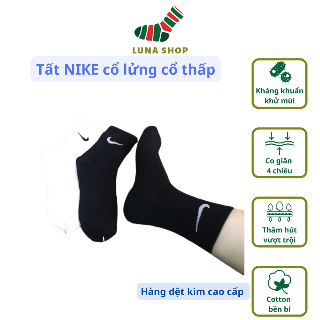 Tất Nike cổ ngắn cổ thấp nam nữ đen trắng cotton dày dặn không xù không dão hàng dệt kim cao cấp-Luna shop