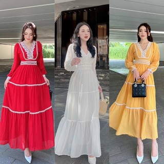 Maxi voan cổ V tay dài phối ren trắng đỏ vàng, đầm váy nữ tiểu thư kín đáo đi dạo chơi biển du lịch chụp hình