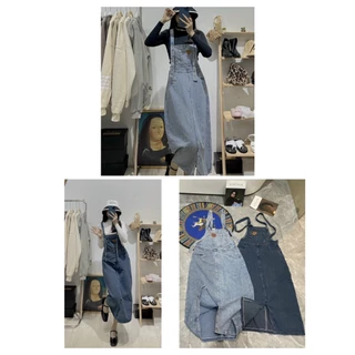 Váy Yếm Jeans Nữ Dáng Dài Logo Ngực Xẻ Tà Túi Trước 2 Màu FullSize Siêu Xinh