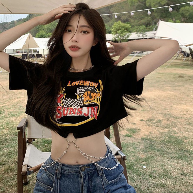 IELGYÁo Croptop In Họa Tiết Phong Cách retro Dễ Phối Đồ Cho Nữ