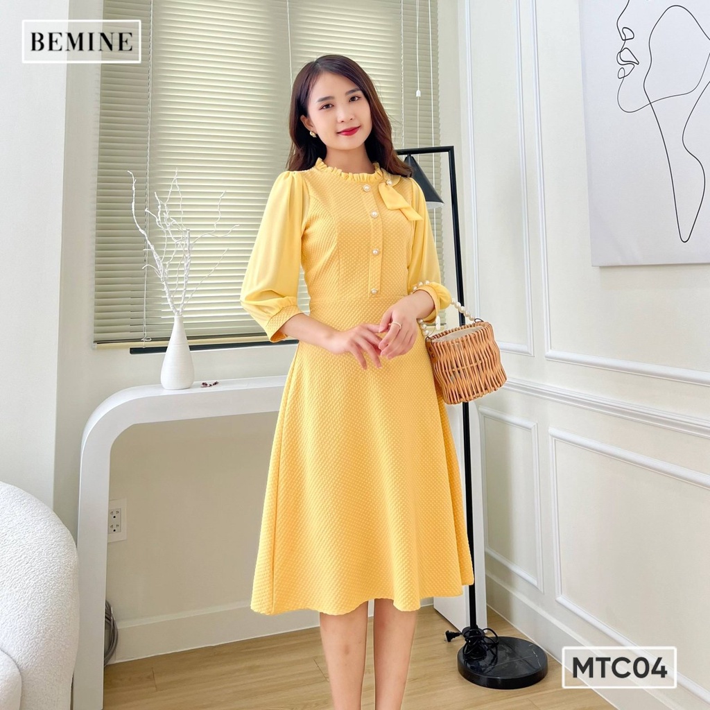 Đầm nơ vai nhún bèo cổ BEMINE MTC04