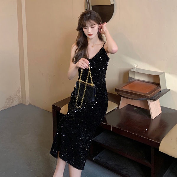 2023 Mới Cao Cấp Nhung đính Sequin Hai Dây Váy Nữ Tính Váy Dài Trung Bình Cho Nữ